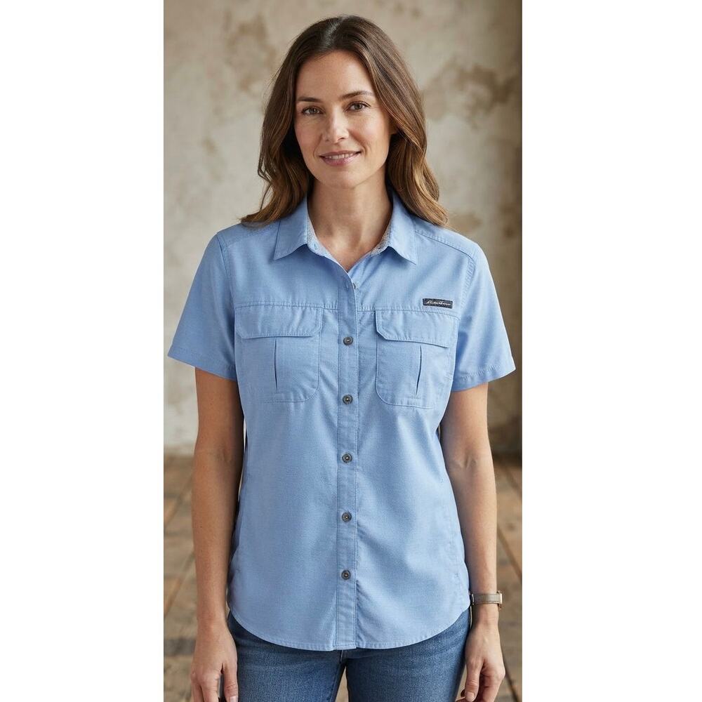 Eddie Bauer Button Up Shirt Women's XL Blue Short Sleeve Hiking Outdoor, EUC